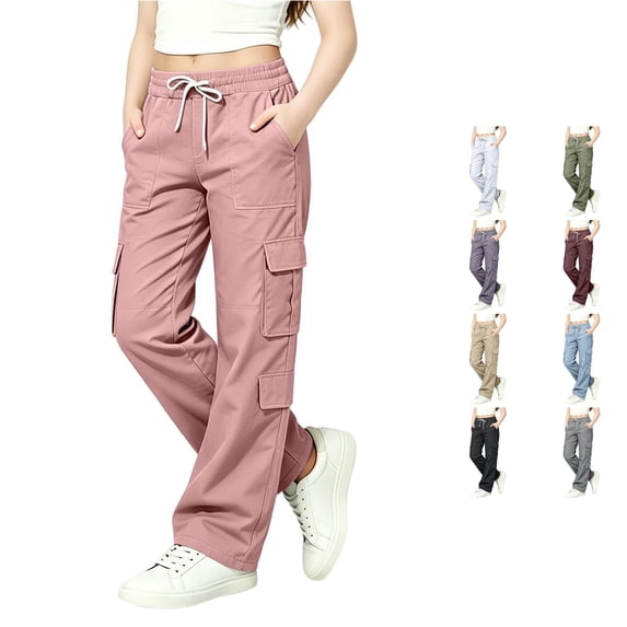 Girls Casual Trousers with Elastic Waistband Soft Comfortable Straight Leg Pants for Kids Everyday Wear