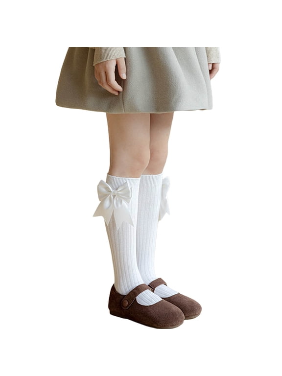 Girls Casual Tube Socks Cotton Knee High Long Socks Knit Stocking All Season Casual Uniform Stockings Warm Socks for Boy White 6-14Y