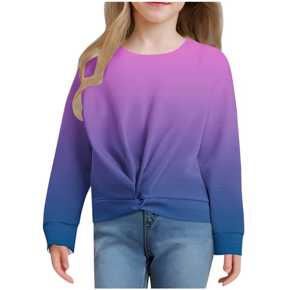 Girls Casual Twist Front Lightweight Sweatshirt Gradient Printed Long Sleeve Crop Tops Loose Soft Blouse T-Shirt Spring Fall Pullover