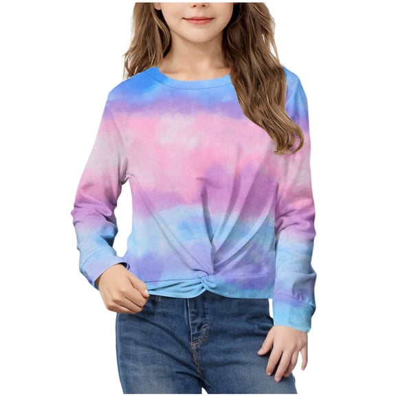 Girls Casual Twist Front Lightweight Sweatshirt Tie Dye Printed Long Sleeve Crop Tops Pullover Blouse Blue A 4-5 Years