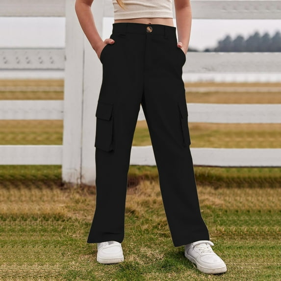 Girls Casual Utility Pocket Trousers Comfortable Straight Leg Pants For Everyday Wear Kids Youth Durable Stretch Fabric Tween Kids Summer Soft Comfy Cute Teen Basic Pants