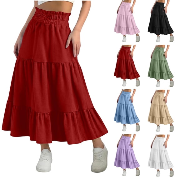 Girls Casual Vintage Solid Elastic High Waist Tiered Hem Long Swing Maxi Skirt Children's Summer Elastic Waist Full Skirt for Kids 4-15 Years