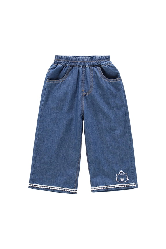 Girls Casual Wide Leg Denim Pants Lace Trim Straight Trousers Summer Lightweight Able Clothes