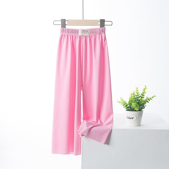 Girls Casual Wide Leg Elastic High Waisted Trousers For Kids Summer Flowy Stretchy Palazzo Pants Boots, 11-12 Years, Pink