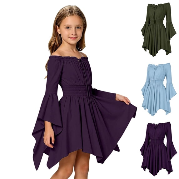 Girls Casual off Shoulder Ruffled Dresses Pirate Dress Pirate Halloween Cosplay Girl for Halloween Size 3-11 Years