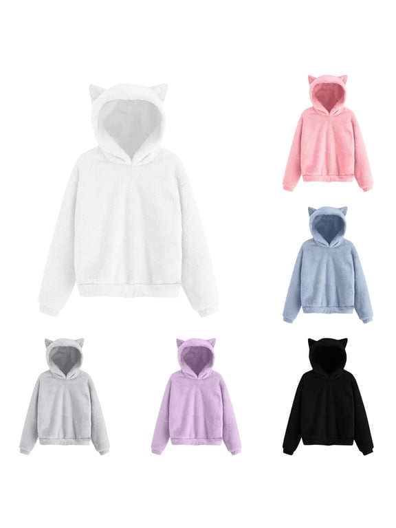 Girls Cat Ear Fuzzy Zip Up Hoodie, Plush Fleece Full Zip Sweatshirt Jacket, Warm Cute Outerwear for Kids Teen Girls 3-14 Years