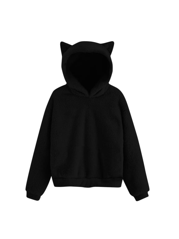 Girls Cat Ears Fuzzy Hoodie, Long Sleeve Fleece Pullover Hooded Sweatshirt with Pockets, Cute Fashion Sherpa Hoodies for Teen Girls, Warm Fall Winter Fluffy Pullover for Girls Black