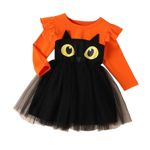 Girls Cat Print Halloween Dress, Long Sleeve Mesh Tutu for 18M-6Y Toddler Kids Casual Play Party Wear