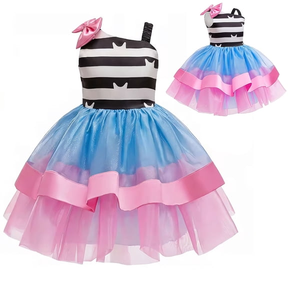 Girls Cat Rainbow Costume Dress Halloween One Shoulder Birthday Princess Outfit
