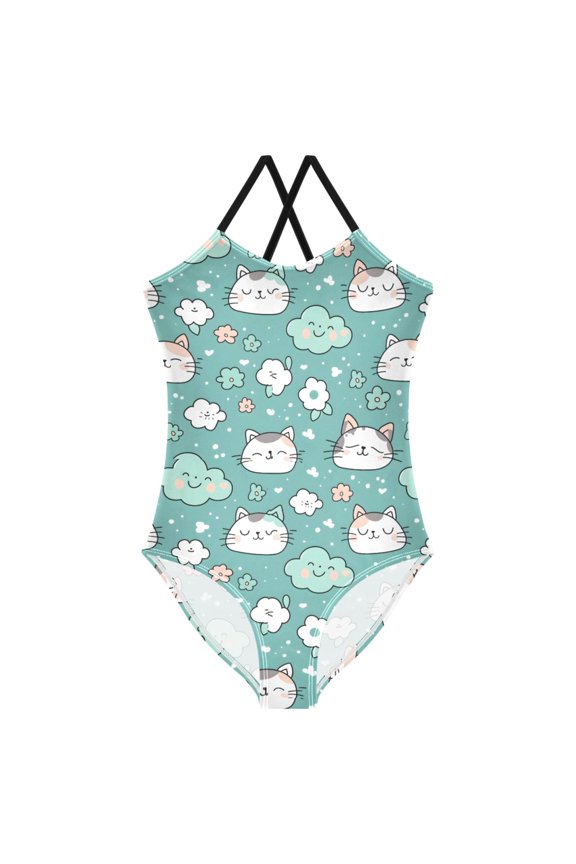Girls Cat and Flower Clouds Print One Piece Swimsuit, Cross Back Spaghetti Strap Bathing Suit for Kids Summer Beach Pool Swimwear 5-6T