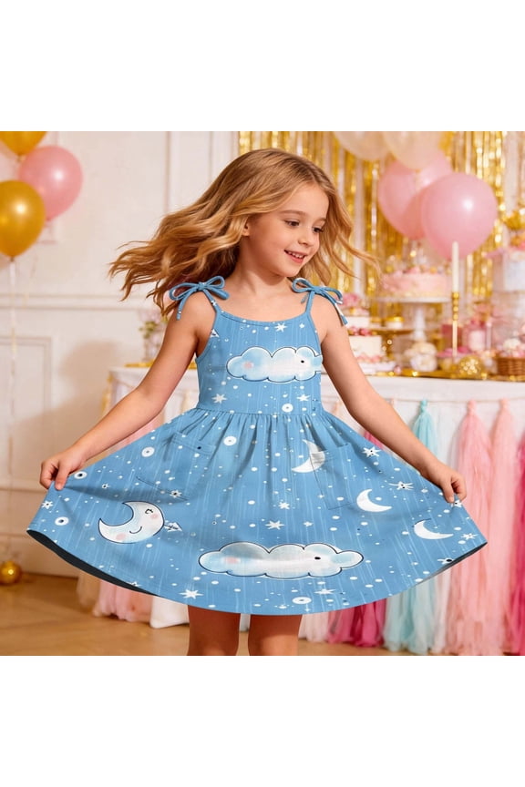 Girls Celestial Moon and Star Dress Sleeveless A-Line with Pockets Adjustable Straps Light Blue Summer Dress for Kids,Size 7 T