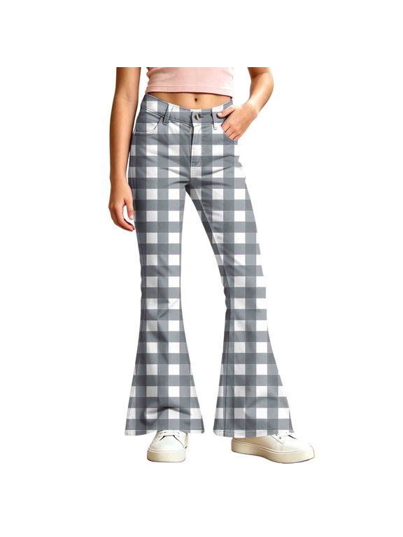 Girls Checkered Flared Pants Fall Fashion Boho Casual Trousers Button Down Zip Up Wide Leg Pant with Pockets (5-6 Years, Gray)
