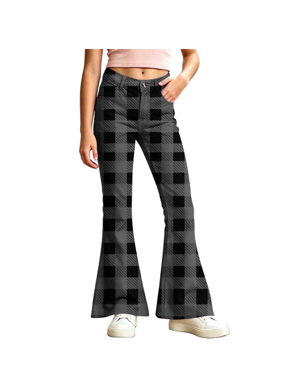 Girls Checkered Flared Pants Fall Fashion Boho Casual Trousers Button Down Zip Up Wide Leg Pant with Pockets (9-10 Years, Dark Gray)