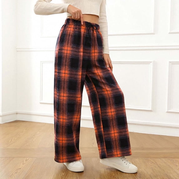 Girls Checkered Pants Casual Plaid Print Loose Sportswear Versatile Trousers Girls Pants Orange 11-12 Years