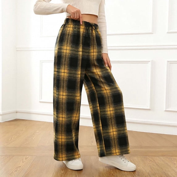 Girls Checkered Pants Casual Plaid Print Loose Sportswear Versatile Trousers Girls Pants Yellow 9-10 Years