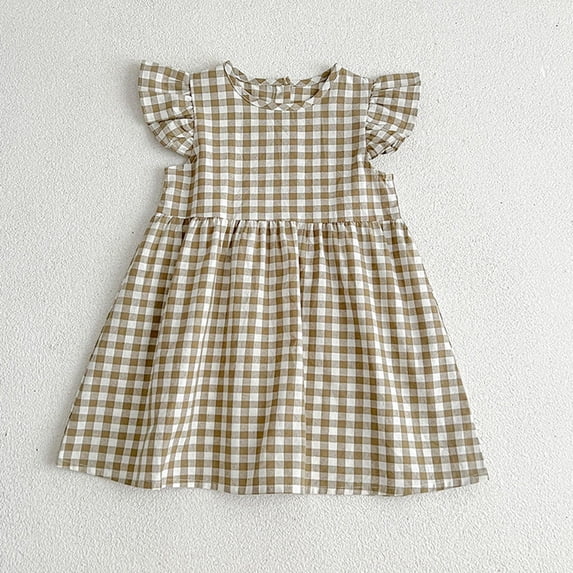 Girls Checkered Puff Sleeve Dress Summer Spring Party Holiday Casual Children Clothing Flared Adorable Size 3-4 Years