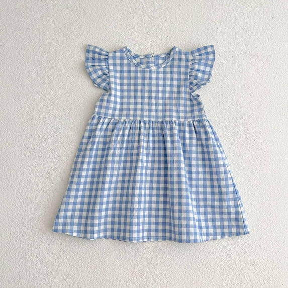 Girls Checkered Puff Sleeve Dress Summer Spring Party Holiday Casual Children Clothing Flared Adorable Size 3-4 Years