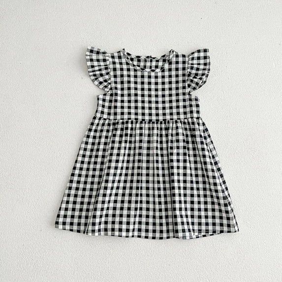 Girls Checkered Puff Sleeve Dress Summer Spring Party Holiday Casual Children Clothing Flared Adorable Size 6-7 Years