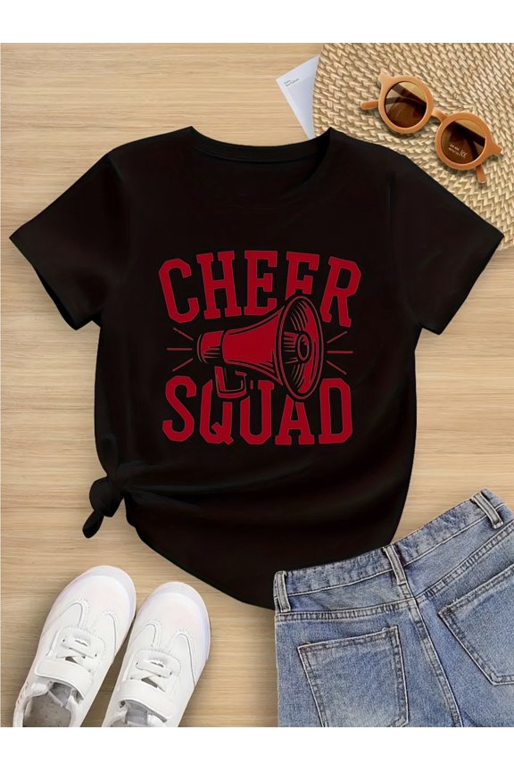 Girls' Cheer Squad Graphic Cotton T-Shirt - Soft Round Neck Short Sleeve Top, Black & Red Lettering, All-Season Casual Wear for Ages 6-14, Shirts for Girls