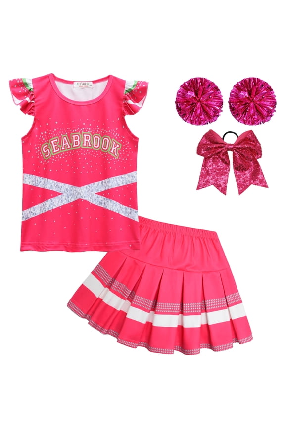 Girls Cheerleader Costumes Skirt Set Zombie Cosplay Hair Bow Pom Poms Dress Up