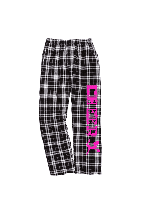 Girls Cheerleading Black and White Flannel Pants (Neon Pink, Youth Medium 10/12)
