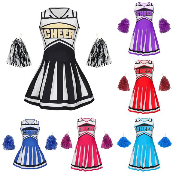 Girls Cheerleading Performance Outfit Dance Gymnastics with Top and Skirt for Kids Teen Youth Set Black Size 5-6 Y