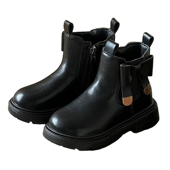 Girls Chelsea Boots Cute Bow Side Zipper Slip on Platform Waterproof Leather Fall Winter Ankle Booties Black 13.5 Little Kids