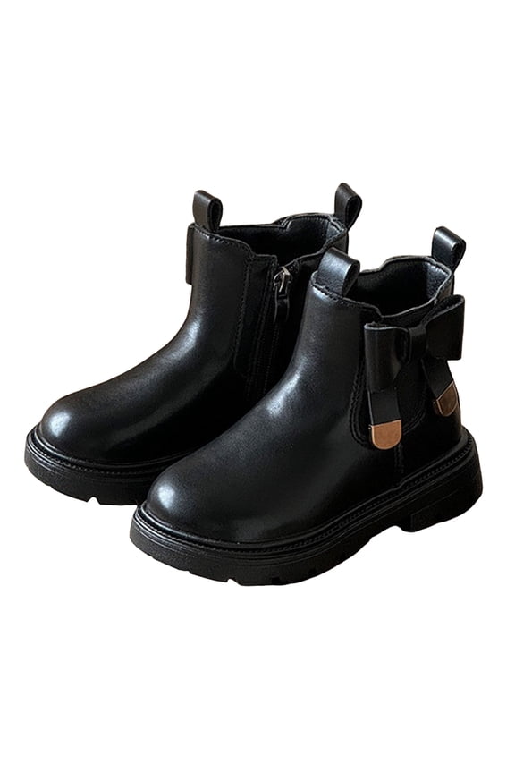 Girls Chelsea Boots Cute Bow Side Zipper Slip on Platform Waterproof Leather Fall Winter Ankle Booties Black 13.5 Little Kids