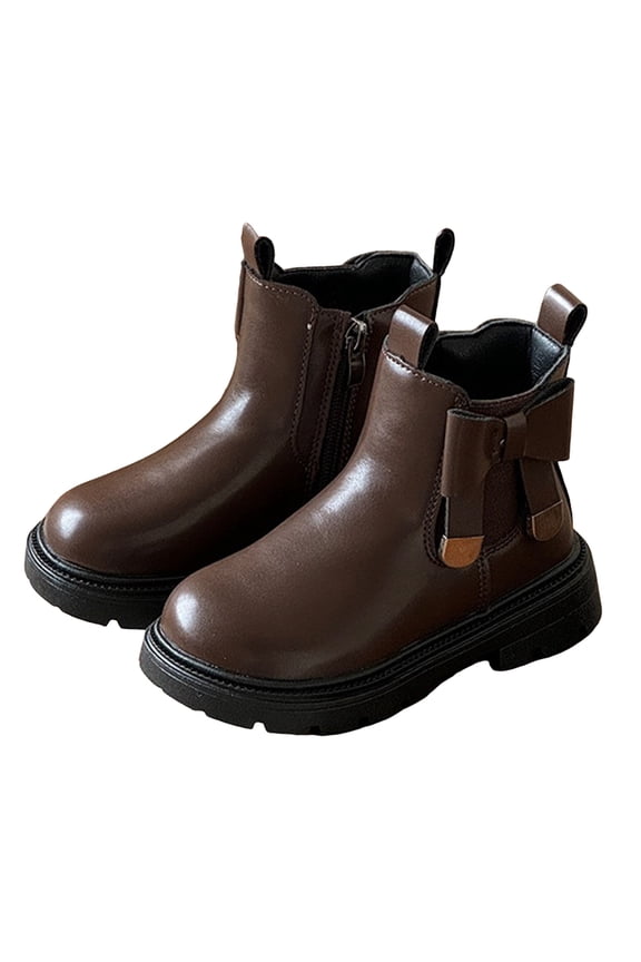 Girls Chelsea Boots Cute Bow Side Zipper Slip on Platform Waterproof Leather Fall Winter Ankle Booties Brown 12 Little Kids
