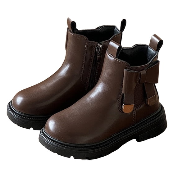 Girls Chelsea Boots Cute Bow Side Zipper Slip on Platform Waterproof Leather Fall Winter Ankle Booties Brown 11.5 Little Kids