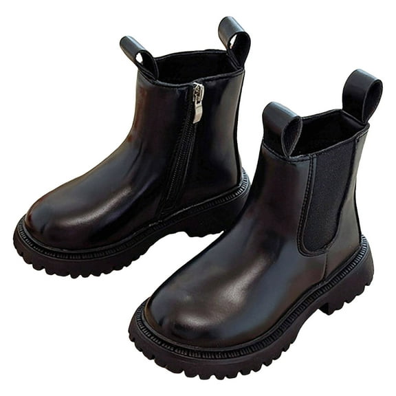 Girls Chelsea Boots Stretch Slip on Zipper Lug Sole Ankle Booties Waterproof Round Toe Platform Winter Boots Black 1.5 Big Kids
