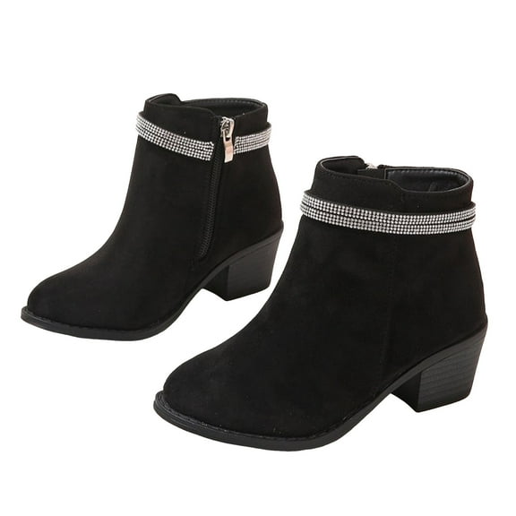 Girls Chelsea Boots Suede Thickened Winter Warm Ankle Booties Zip up Chunky Stacked Heel Rhinestone Ankle Strap Casual Dress Boots B 12.5 Little Kid