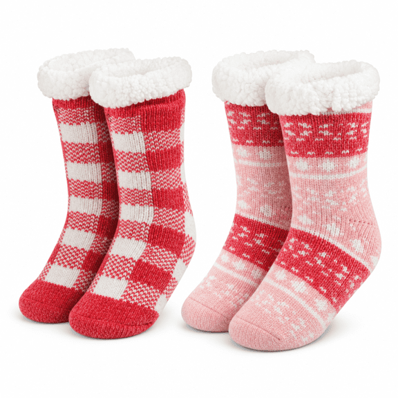 Muk Luks Girls Socks, Chenille Yarn Cabin Kids Crew Socks for Girls with Grippers, Pink, S/M, 2 Pack