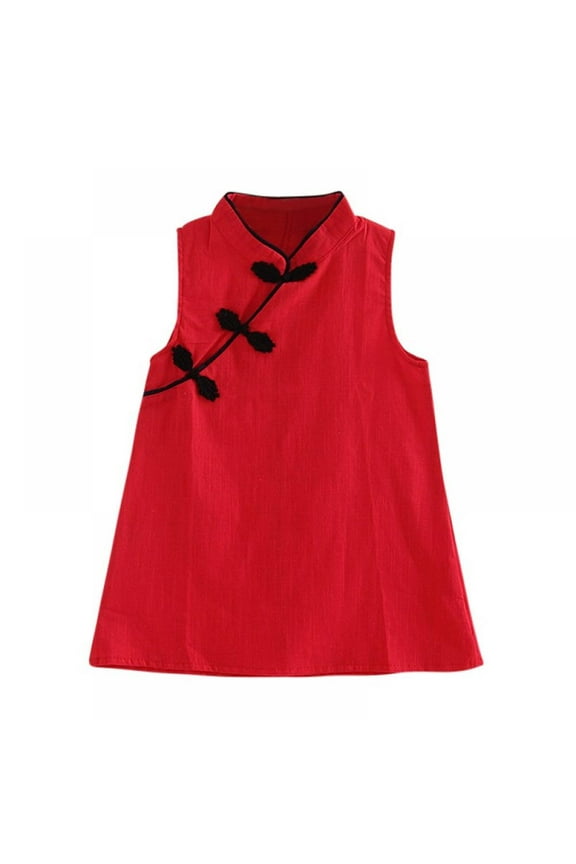 Girls Cheongsam Tang Suit Spring Summer Cotton Children Sleeveless Princess Dress Robes,0-8T