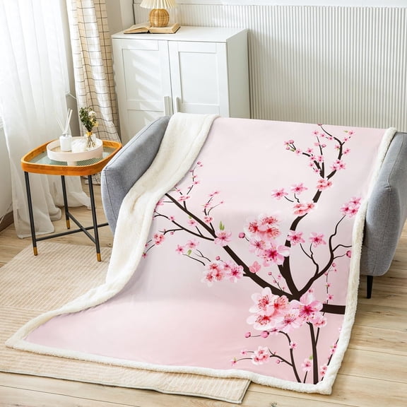 Girls Cherry Blossoms Fleece Blanket Women Floral Sakura Flowers Branch Sherpa Throw Blanket for Bed Sofa Couch Decor Pale Pink Floral Plush Blanket Soft Japanese Spring Fuzzy BlanketBaby 30"x40"
