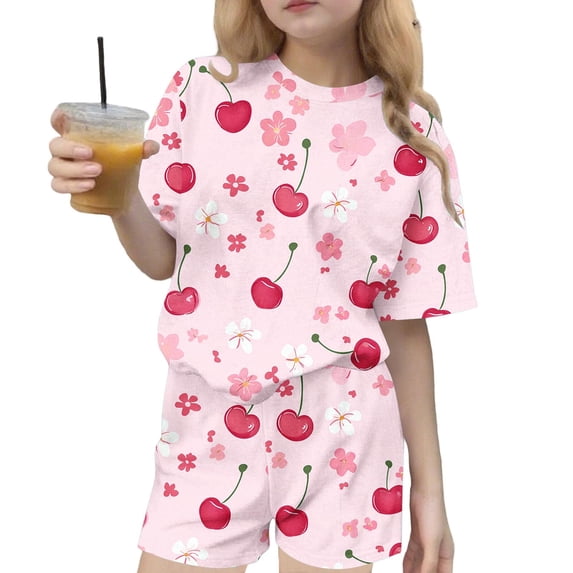 Girls Cherry Print 2 Piece Outfit Short Sleeve Top & Elastic Shorts Soft Stretchy Summer Casual Set,Size 4-5T