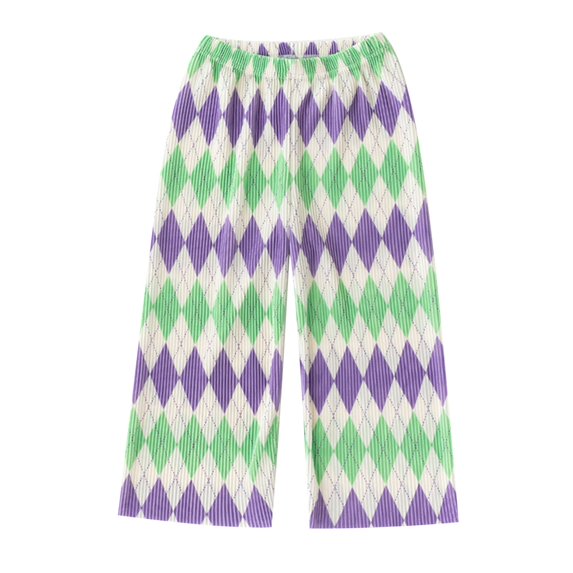 Girls Chiffon Pants Checkered Wide Leg Ribbed Pants Stretchy Mid Rise Summer Casual Long Trousers 8T
