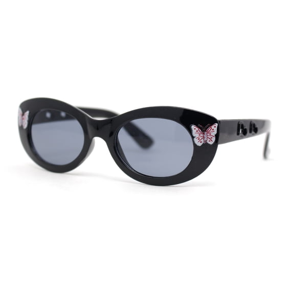 Girls Child Size Butterfly Deco Oval Mod Cat Eye Plastic Sunglasses All Black
