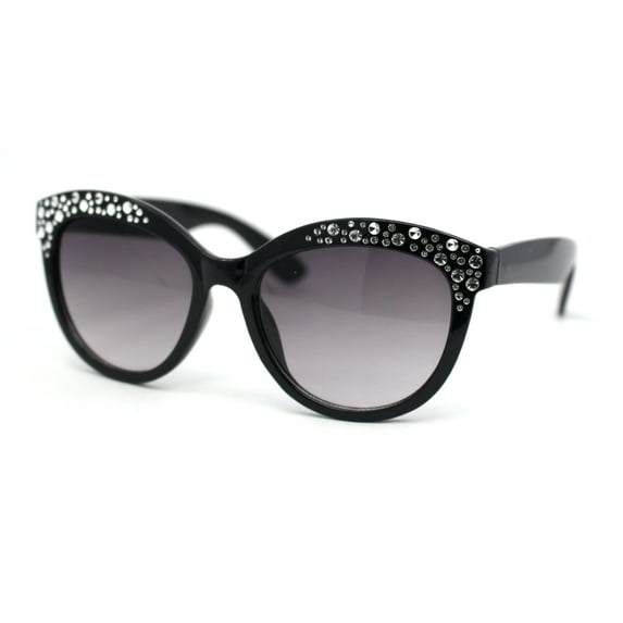 Girls Child Size Engraved Bling Foil Plastic Round Horn Rim Sunglasses Black - Smoke