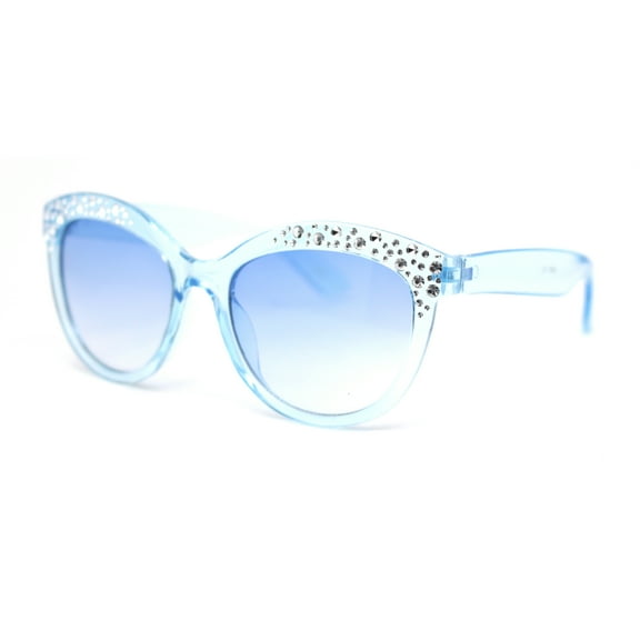 Girls Child Size Engraved Bling Foil Plastic Round Horn Rim Sunglasses Blue