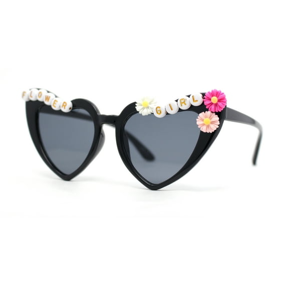 Girls Child Size Flower Girl Beads Cat Eye Heart Shape Plastic Sunglasses All Black