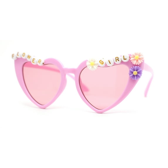 Girls Child Size Flower Girl Beads Cat Eye Heart Shape Plastic Sunglasses All Pink