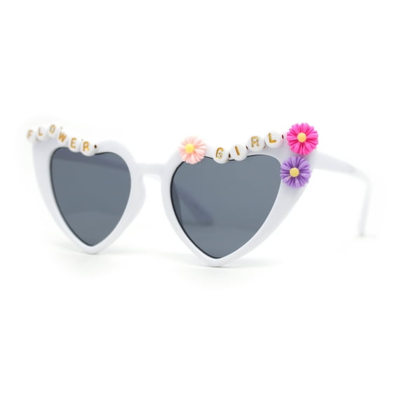 Girls Child Size Flower Girl Beads Cat Eye Heart Shape Plastic Sunglasses White - Black