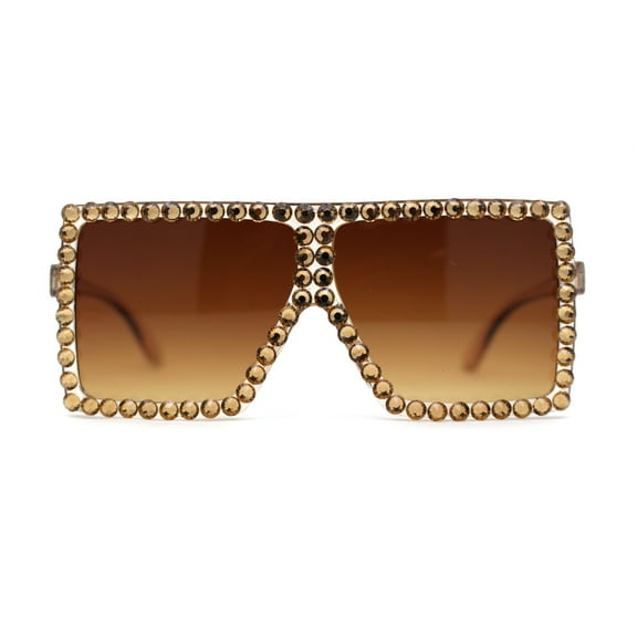 Girls Child Size Large Rhinestone Studded Flat Top Square Mob Sunglasses All Brown