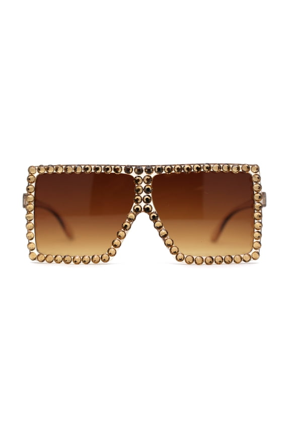 Girls Child Size Large Rhinestone Studded Flat Top Square Mob Sunglasses All Brown