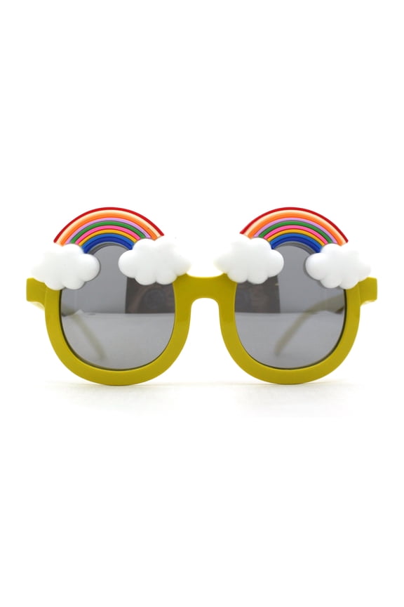 Girls Child Size Rainbow Cloud Round Thick Plastic Sunglasses Green Silver Mirror