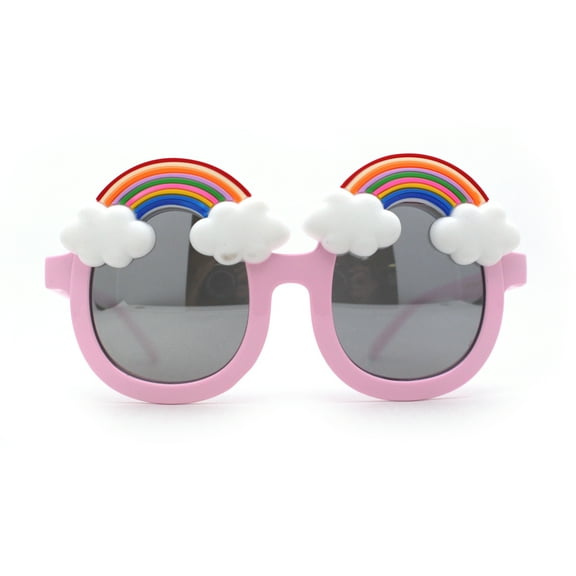 Girls Child Size Rainbow Cloud Round Thick Plastic Sunglasses Pink Silver Mirror