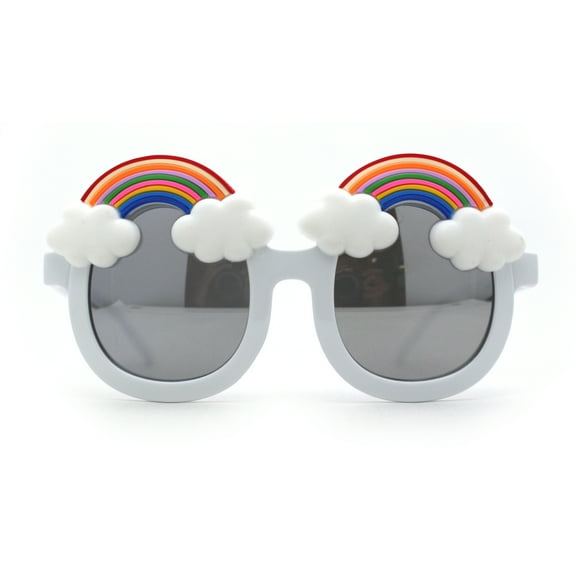 Girls Child Size Rainbow Cloud Round Thick Plastic Sunglasses White Silver Mirror