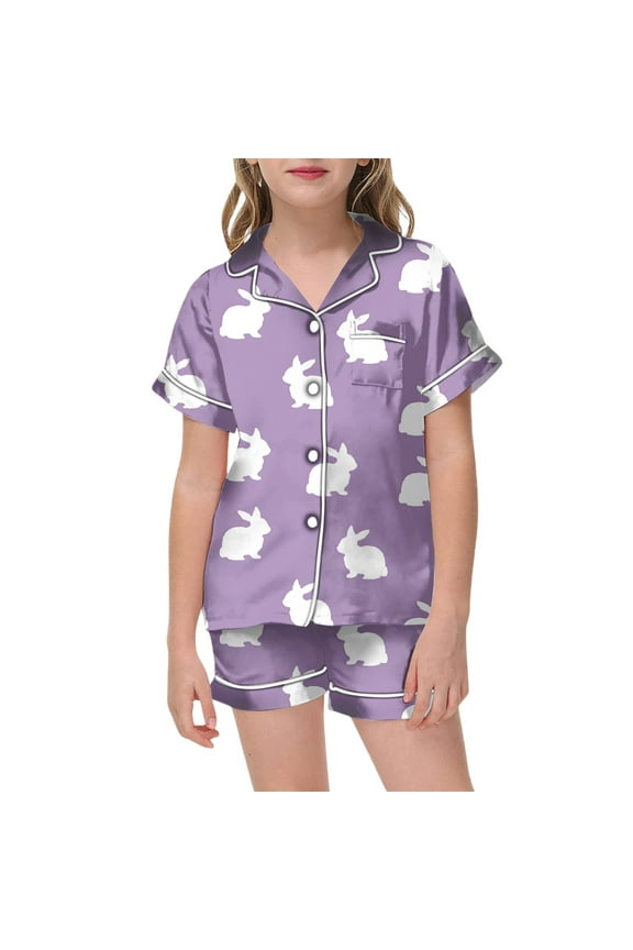 Girls Children Easter Pajama Size 8 Easter Paint Short Sleeved Sleepwear Set Funny Button Down 2 Piece Satin Pajama Outfits ,2-3 Years