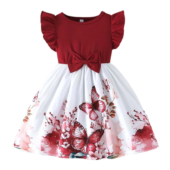 Girls Children Fly Sleeve Cartoon Prints Bowknot Dresses Clothes For Kids,Little Girls Size 5-6T,Wine